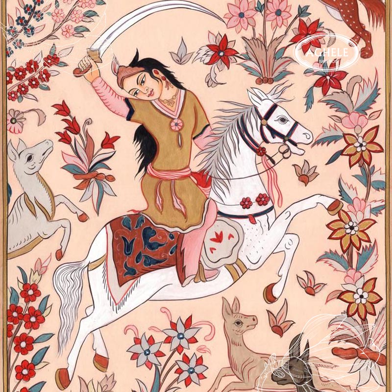 تاریخچه زعفران. نقاشی قدیمی خانومی با شمشیر در دست که سوار بر یک اسب میباشد.