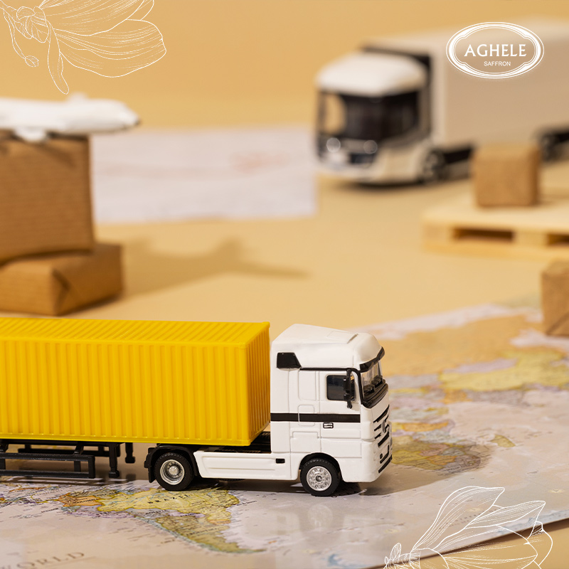 صادرات زعفران به عمان. کامیون و هواپیما کوچک روی نقشه